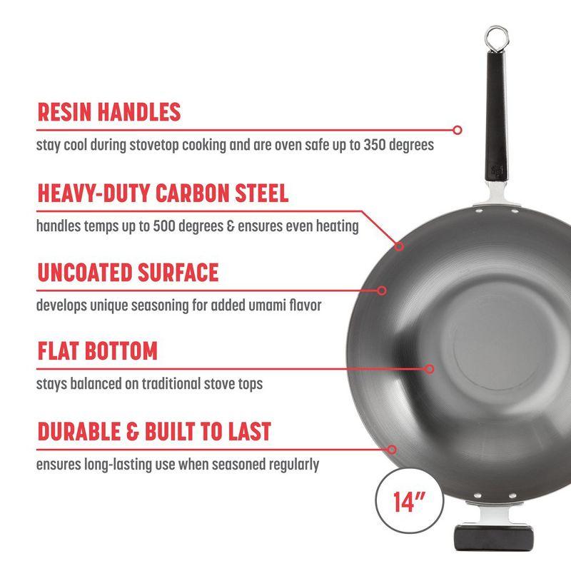 Joyce Chen Professional Series 14-Inch Uncoated Carbon Steel Flat Bottom Wok with Phenolic Handles