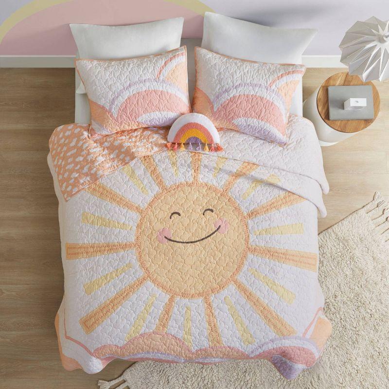 Intelligent Design Kids Dawn Sunshine Clouds Yellow/Coral 100% Cotton Reversible Quilt Set Full/Queen