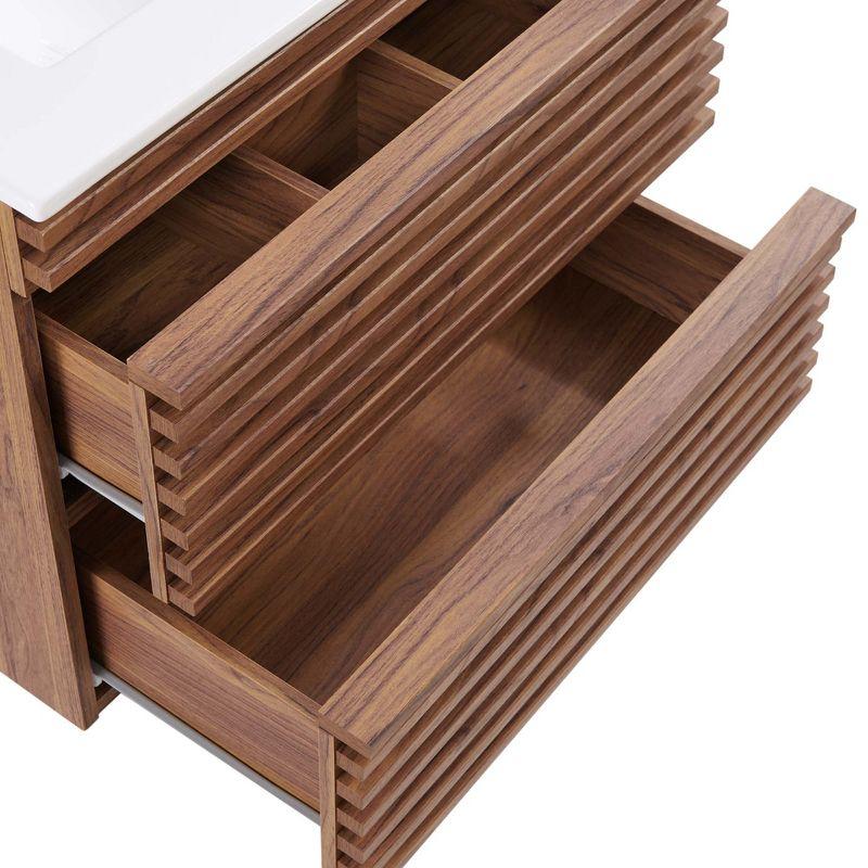 Modway Render 24" Wall-Mount Bathroom Vanity – Mid-Century Modern Floating Sink Cabinet in Walnut and White Finish