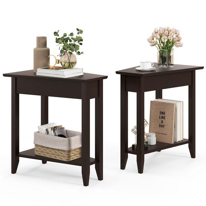 Tangkula 2 PCS 2-Tier End Table Irregular Narrow Sofa Side Nightstand w/ Storage Shelf Espresso
