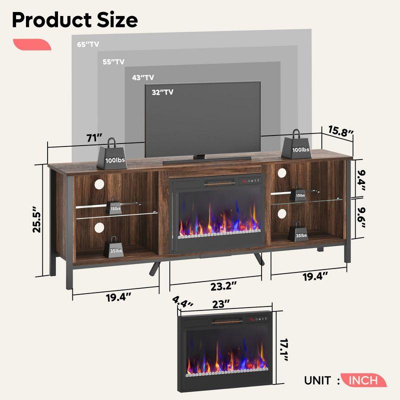 Bestier 70" Modern TV Stand with Electric Fireplace and LED Lights, Gaming Entertainment Center with Cabinet and Large Storage in Living Room,Walnut