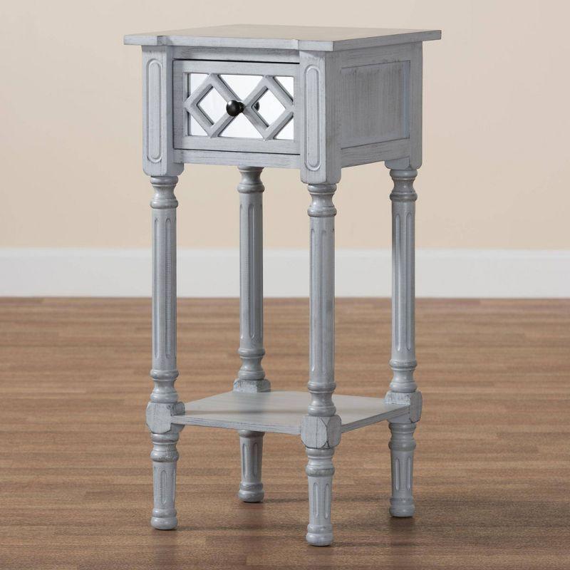 Baxton Studio Gellert Wood 1 Drawer End Table Gray/Mirror: Fir & MDF with Storage, Glass Accent