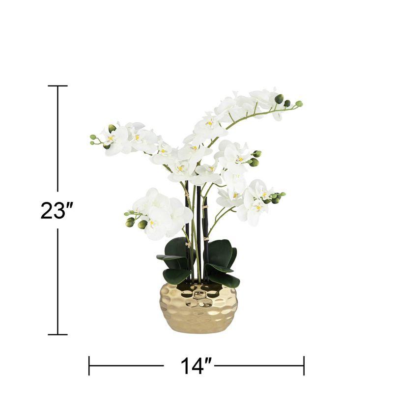 Dahlia Studios Potted Faux Artificial Flowers Realistic White Phalaenopsis Orchid in Gold Ceramic Pot Home Decoration 23" High