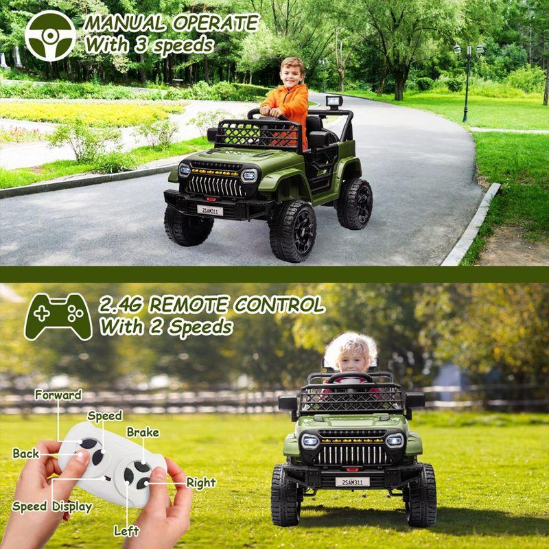 12V Ride On Car for Kids, Electric Vehicle Toddles, Battery Powered Truck Car Toy with RC, LED, Music, 4-Wheel Suspension, Army Green