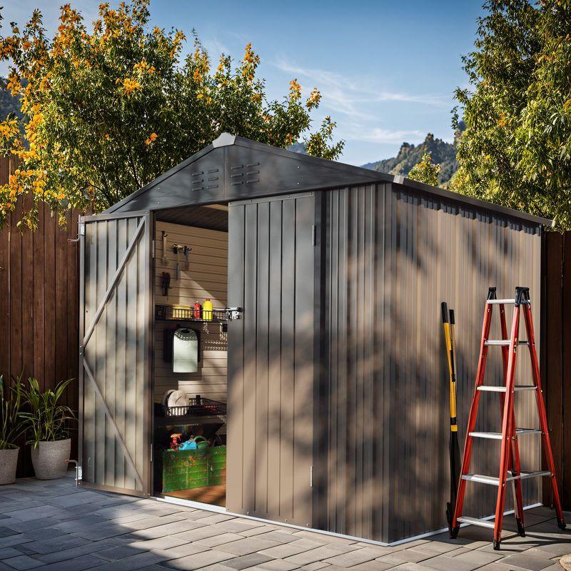 LACOO 8' x 6' Peak-Roof Patio Metal Shed - Brown