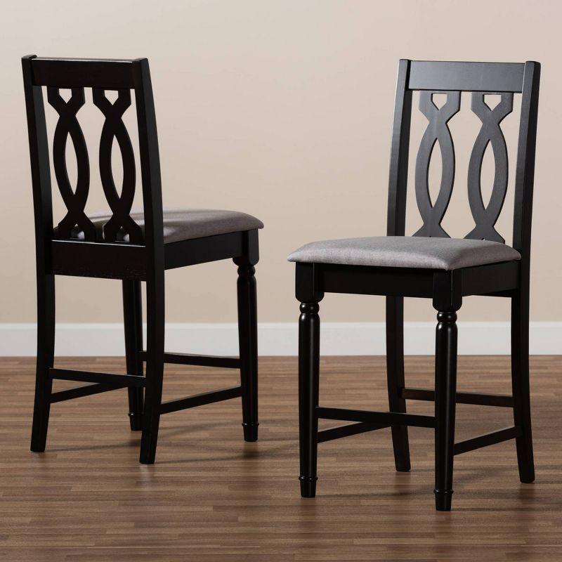 Espresso Brown Oak Wood Counter Height Barstools with Light Fabric Upholstery - Set of 2