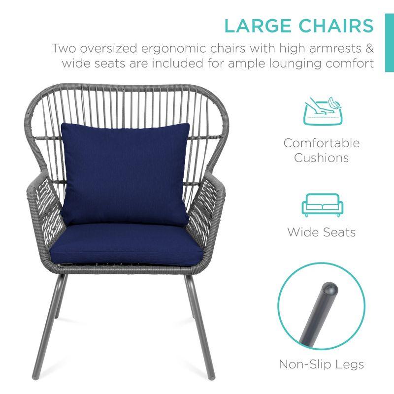 Best Choice Products 3-Piece Patio Conversation Bistro Set, Outdoor Wicker w/ 2 Chairs, Cushions, Side Table - Gray/Navy