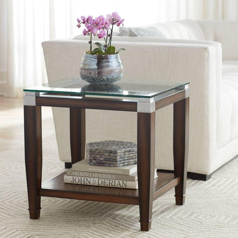 Elm Lane Farmhouse Rustic Oak Wood Accent Side End Table 24" x 22 1/4" with Open Shelf Brown Clear Glass Tabletop for Living Room Bedroom Bedside