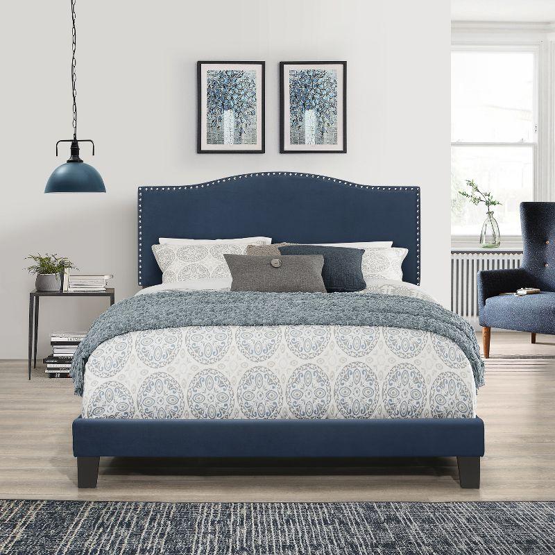 Queen Kiley Velvet Upholstered Bed Blue - Hillsdale Furniture: Plush Fabric, Nailhead Detail, Wood Frame Slats