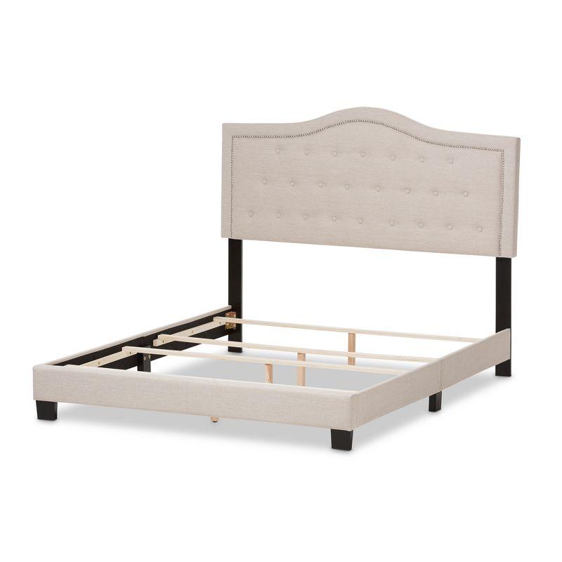 Elegant Beige King-Sized Upholstered Bed with Nailhead Trim