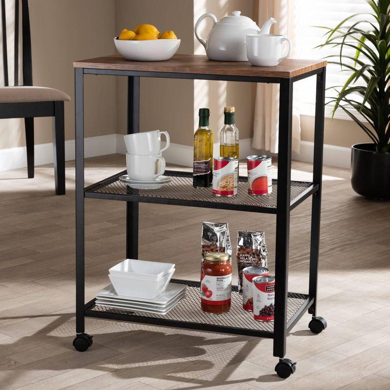 Verna Oak Brown and Black Wood Kitchen Serving Cart with Storage