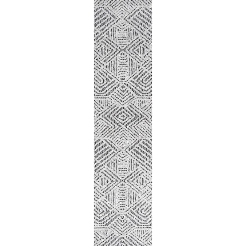 2'x8' Jordan High-Low Pile Art Deco Geometric Indoor/Outdoor Runner Rug, White/Black - JONATHAN Y