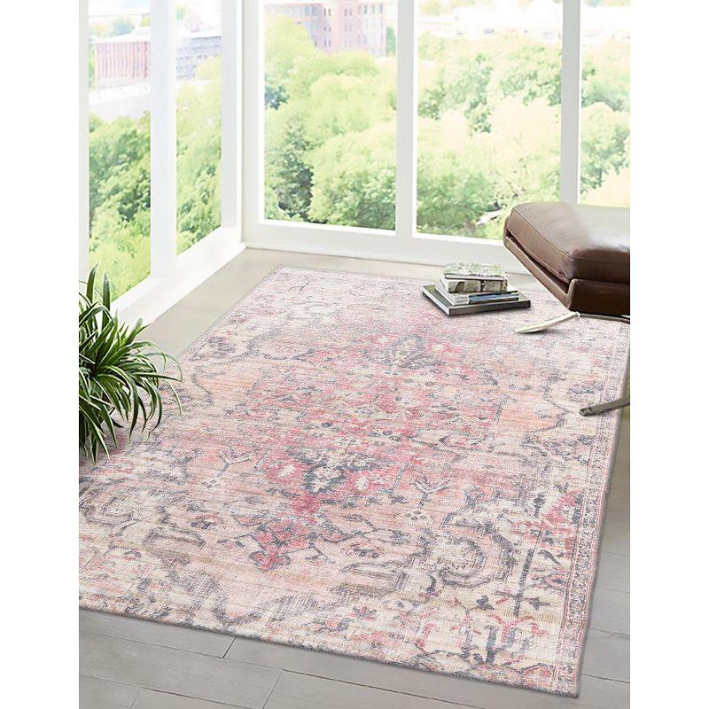 Ivory and Beige Pink Rectangular Washable Medallion Rug