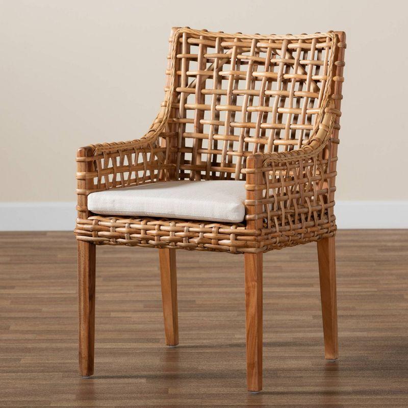 bali & pari Saoka Wood and Rattan Armchair Natural Brown/White: Polyester Upholstered, No Assembly Required