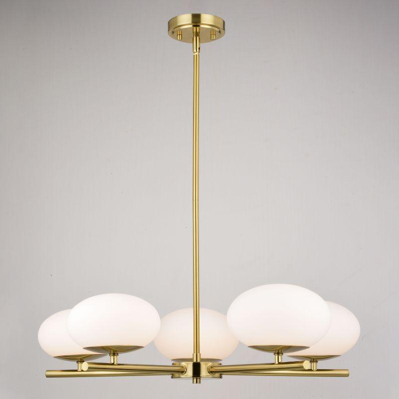 VAXCEL Sloane 5 Light LED Gold Satin Brass Mid-Century Modern Chandelier with White Glass Globes
