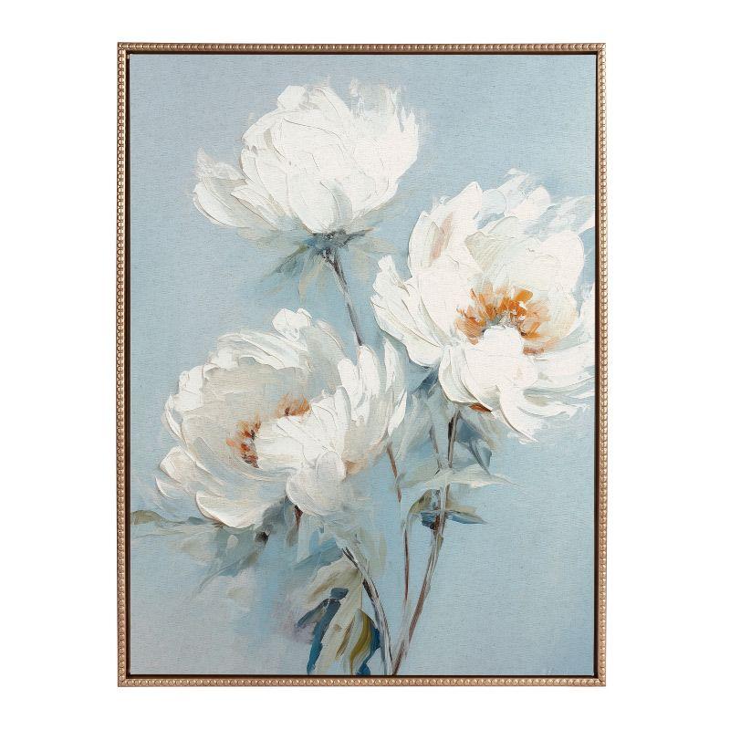 Kate & Laurel All Things Decor 31.5"x41.5" Sylvie Beaded White Peonies on Ocean Blue Framed Canvas by The Creative Bunch Studio Gold