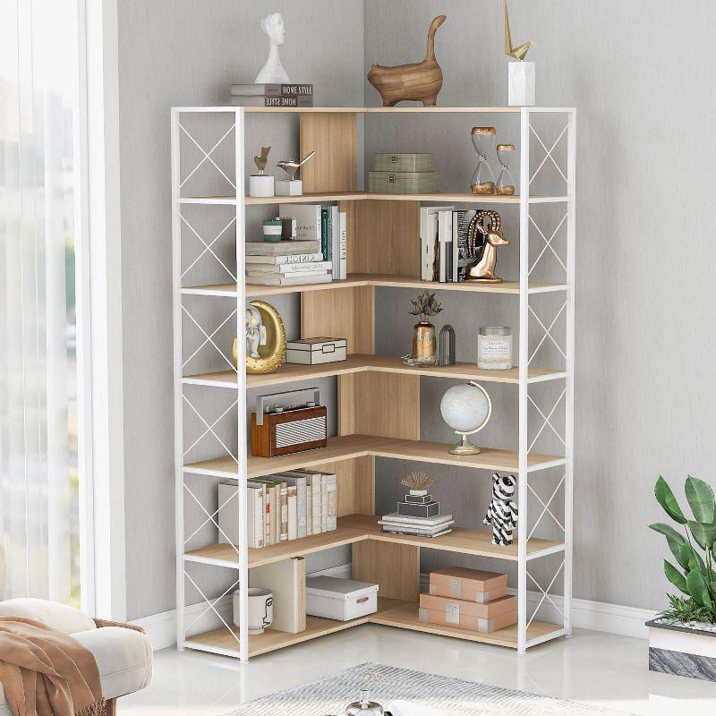 7-Tier Bookcase Home Office Bookshelf, L-Shaped Corner Bookcase with Metal Frame, Industrial Style Shelf with Open Storage, MDF Board-The Pop Home