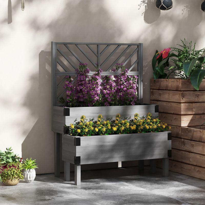 Outsunny 2 Tier Trellis Planter, Wooden Vegetable Garden Bed with Metal Corners for Vegetables, Flowers, Herbs, Gray