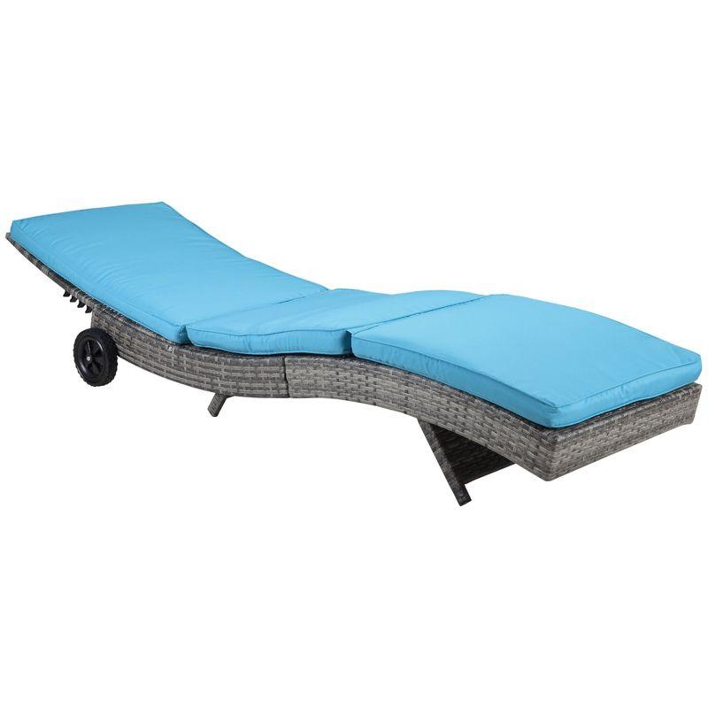 Outsunny Patio Wicker Chaise Lounge Chair, Outdoor PE Rattan Sun lounger w/ 5-Level Adjustable Backrest & 2 Wheels for Easy Movement, Sky Blue