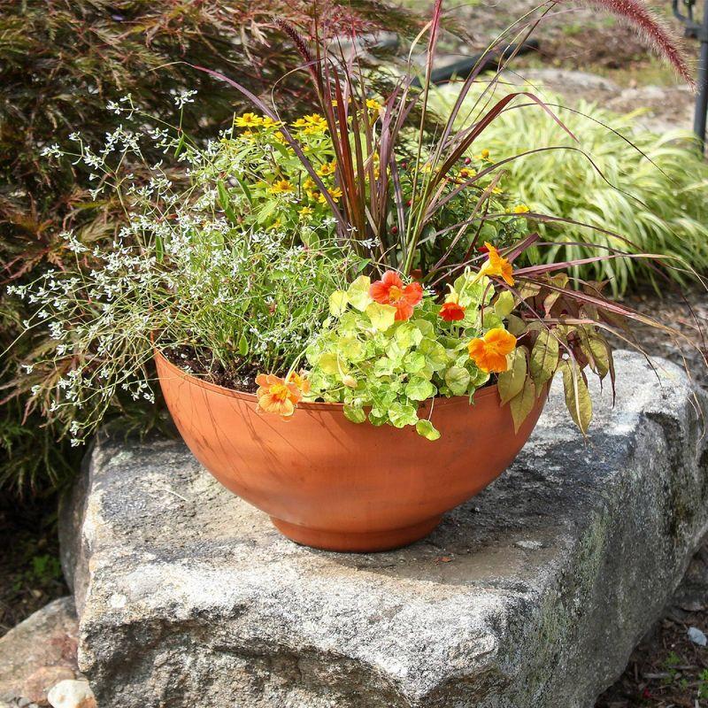 8" Wide Planter Bowl Burnt Sienna Galvanized Steel with Black Wrought Iron Plant Stand - ACHLA Designs: Weather-Resistant Indoor/Outdoor Decor