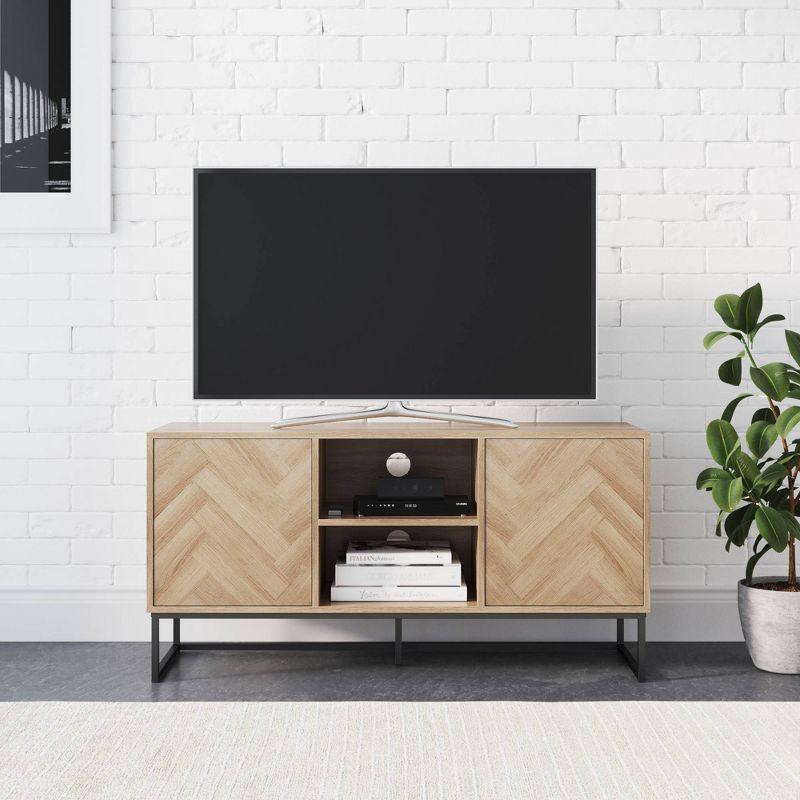 Nathan James Dylan Herringbone Media Cabinet Light Golden Oak Matte Black: Entertainment Center with Cable Management, Fits 55" TV