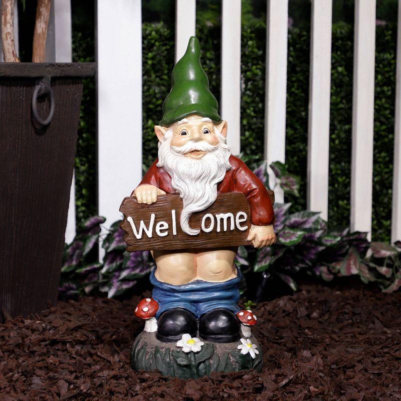 22"H Ceramic Outdoor Sculpture - Alpine Corporation: Garden Gnome with Welcome Sign, Mythical Decor