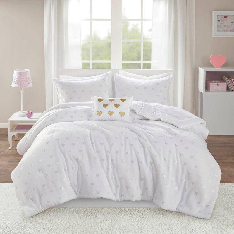 Mi Zone Full/Queen Audrey Metallic Print Plush Microfiber Soft Comforter Set with Throw Pillow White: Hypoallergenic, Transitional Style