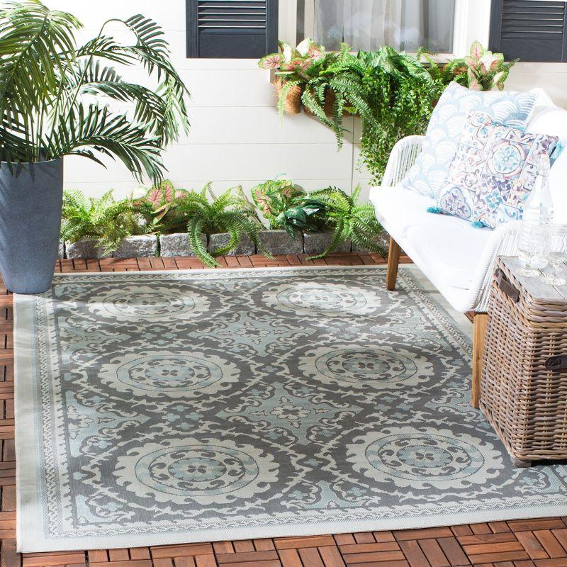 Light Grey and Anthracite Floral Motif Outdoor Area Rug