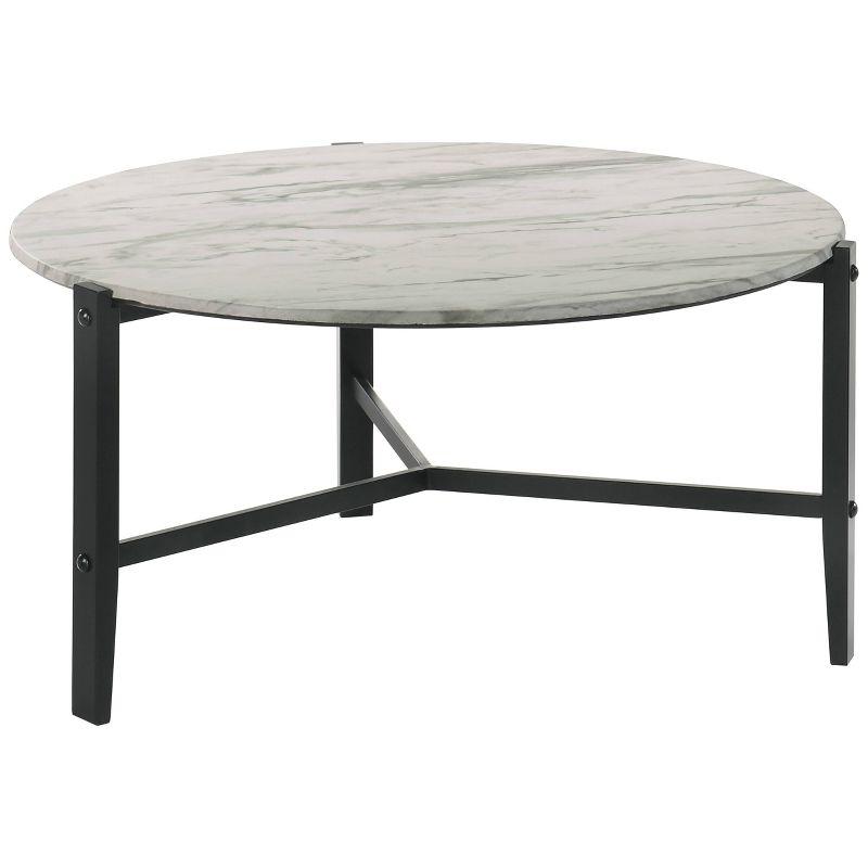 Transitional 36'' Round Coffee Table with Black Metal and White Marble