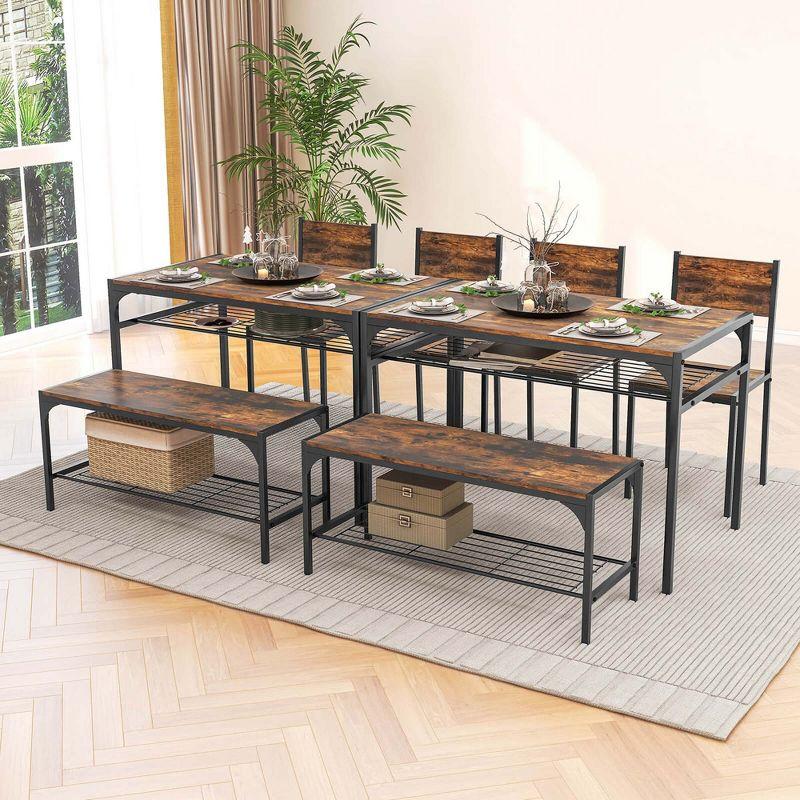 Costway Dining Table Set for 4 Rectangular Table with 2 Chairs, 1 Bench, Storage Racks Rustic Brown/Grey