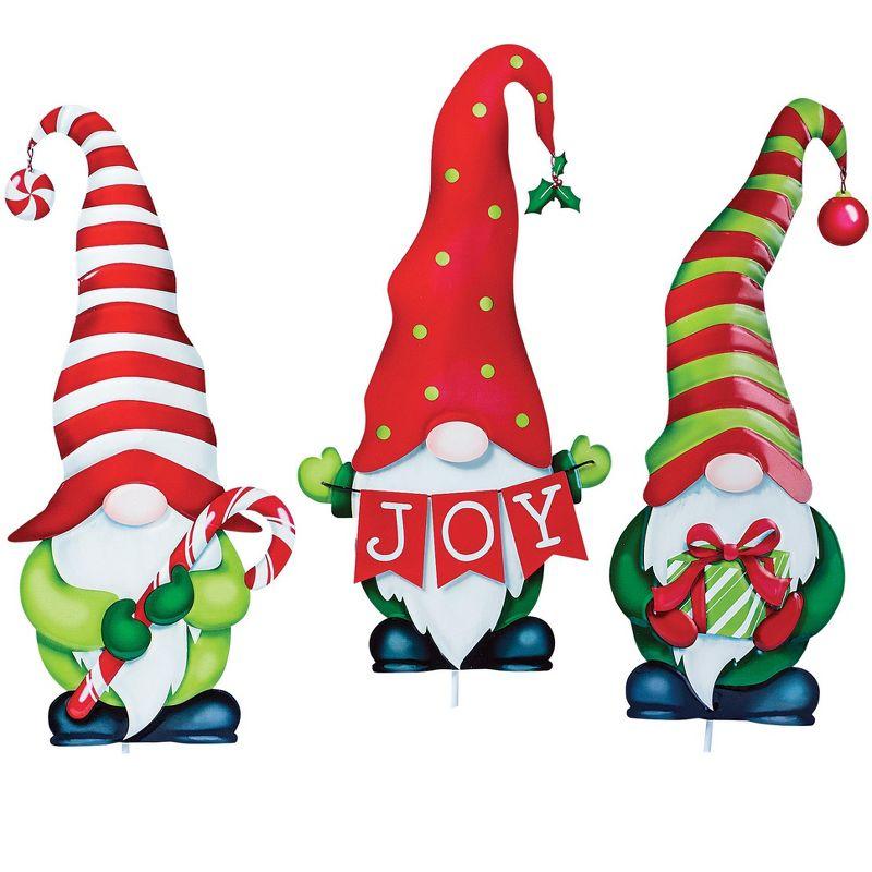 Festive Holiday Garden Gnomes Metal Stakes Set of 3