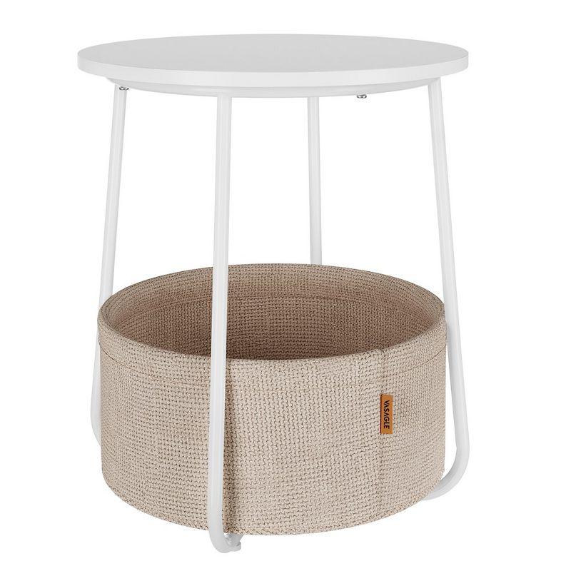 Small White Metal Round Side Table with Fabric Basket