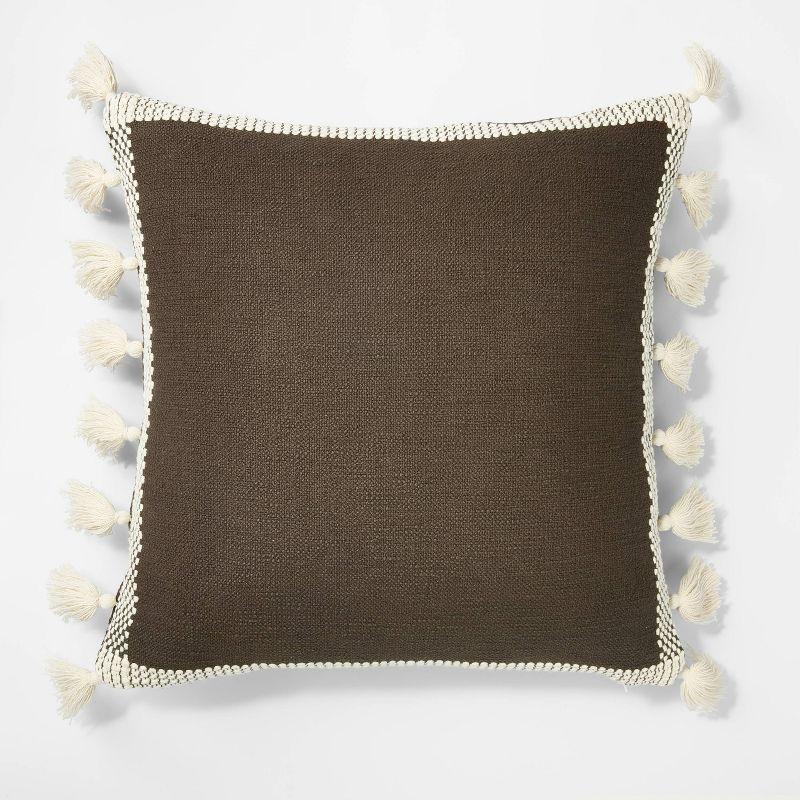 Brown Cotton Square Throw Pillow with Cream Tassels