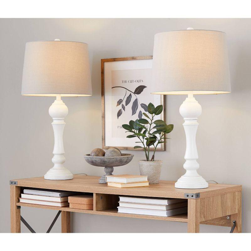 Set of 2 White Polyresin Table Lamps with Gray Linen Shades