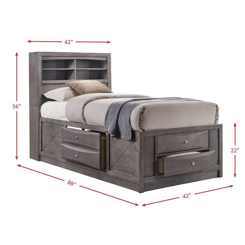 Transitional Twin Gray Upholstered Bookcase Bed with Storage