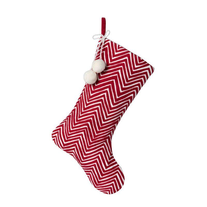 Red and White Chevron Embroidered Velvet Christmas Stocking