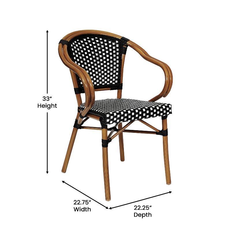 Emma & Oliver Soie Indoor/Outdoor Stacking Thonet Bistro Style Chair with Arms, Black & White PE Rattan Seat and Natural Bamboo Finished Metal Frame