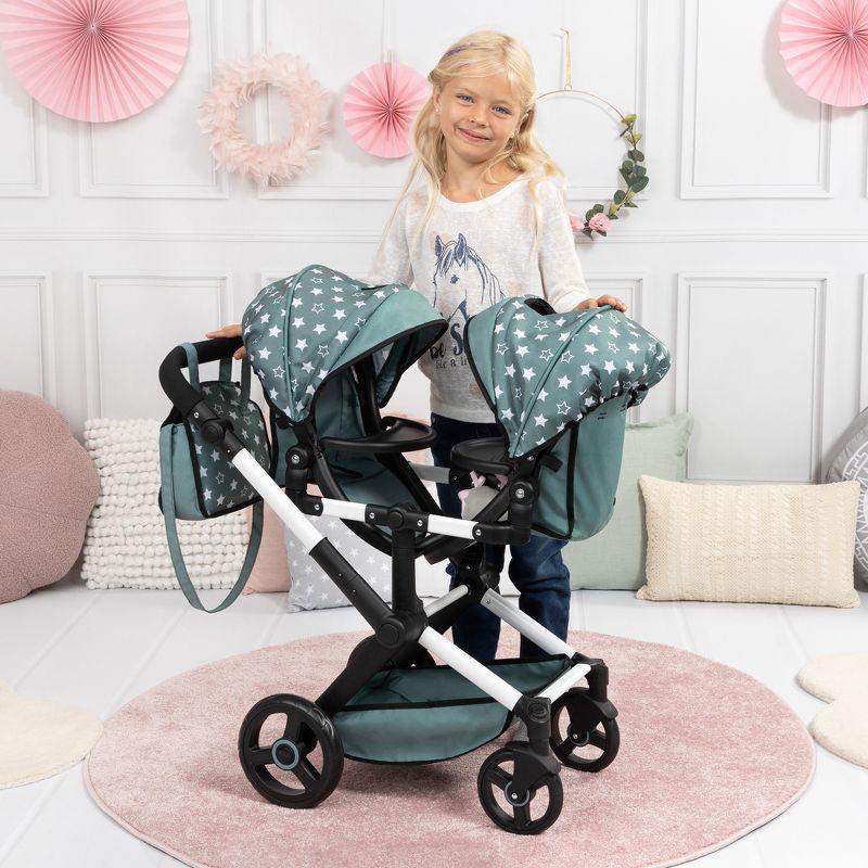Bayer Design Dolls: Pram Xeo Twin W/ Shoulder Bag, Green & White Stars
