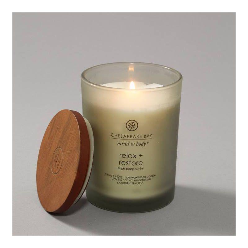 Frosted Glass Relax + Restore Lidded Jar Candle Light Gray 8.8oz - Mind & Body by Chesapeake Bay Candle: Herbal Sage, Sweet Mandarin