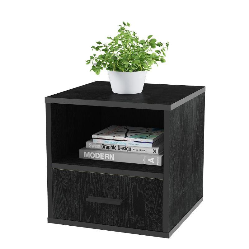 Black Wood and Metal Stackable Cube End Table with Drawer