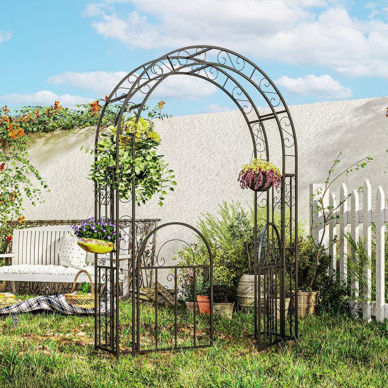 Outsunny 7.4ft Steel Garden Arch with Gate, Garden Arbor Trellis, Black