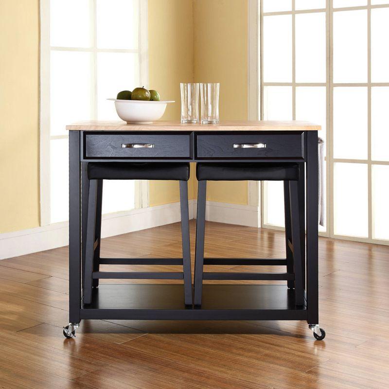 Wood Top Kitchen Prep Cart with 2 Upholstered Saddle Stools Black - Crosley: Mobile Island, Storage, Towel Bar