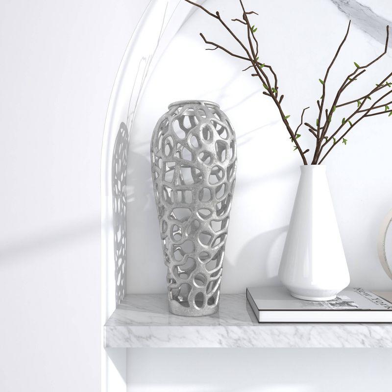 19" x 8" Eclectic Organic Hole-designed Aluminum Vase Silver - Olivia & May: Contemporary Tall Decorative Amphora