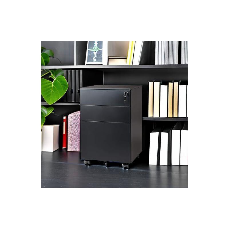 DEVAISE Locking File Cabinet, 3 Drawer Rolling Pedestal Under Desk Office, Fully Assembled Except Casters, Black