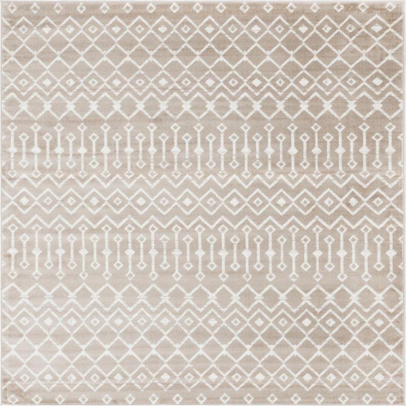 Beige 8' Square Trellis Synthetic Area Rug for Easy Care