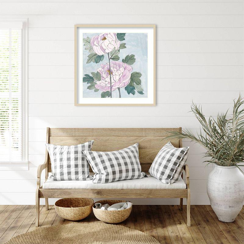 Striped Peonies IV Natural Wood Framed Wall Art Print