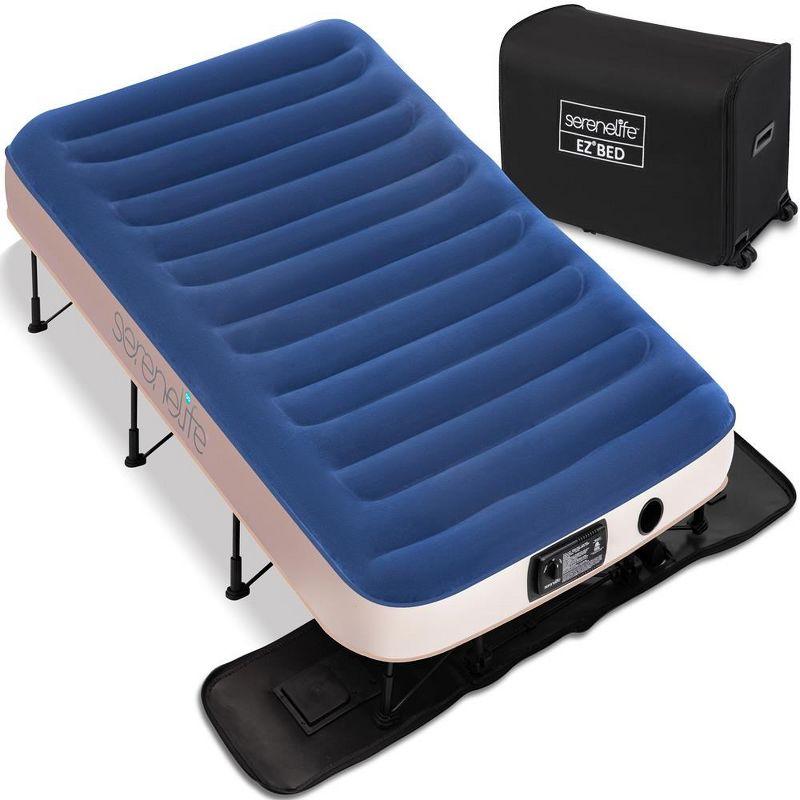 SereneLife Twin Blue PVC Raised Air Mattress with Pump and Frame