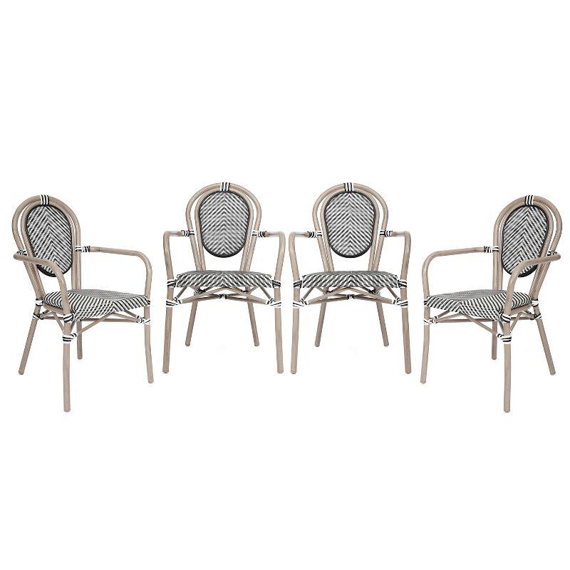Merrick Lane Mael Set of Four Stacking Thonet Bistro Style Chair with Arms, Black & White Textilene Seat, & Bamboo Metal Frame for Indoor/Outdoor Use