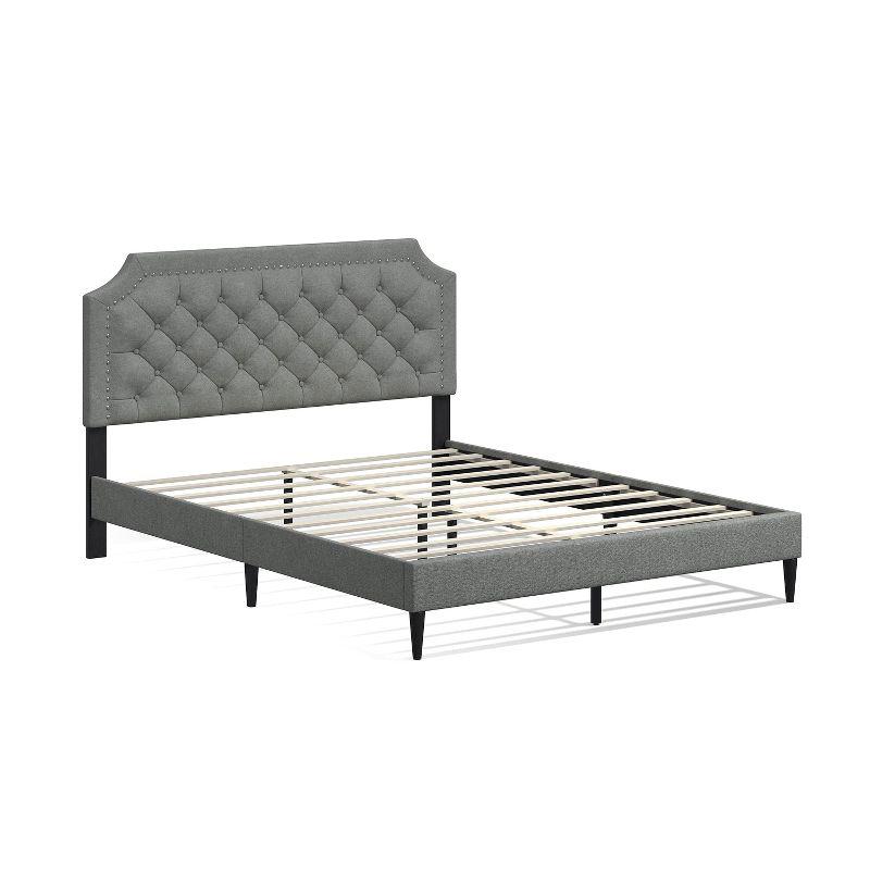 Glenwillow Home Curta Upholstered Platform Bed, Clipped Nailhead Trim with Button Tufting, Mattress Foundation, No Box Spring Needed, Stone, Queen