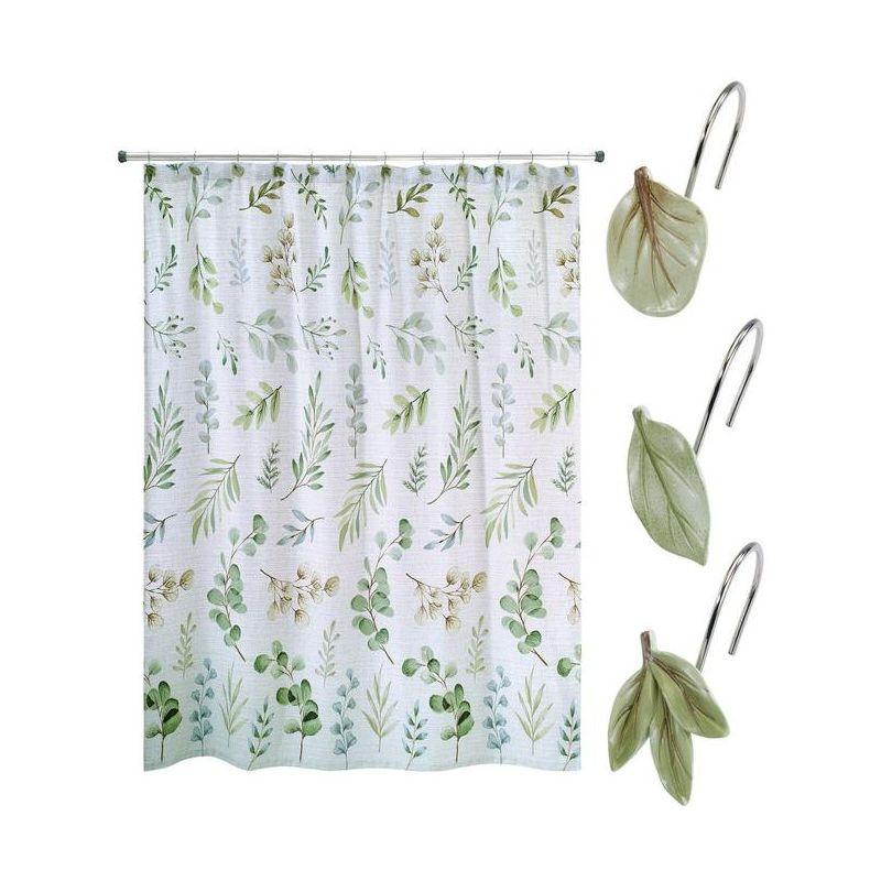 Ombre Leaves Botanical Fabric Shower Curtain Set with Hooks